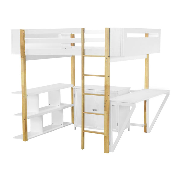 HomeRoots White Four Poster Loft Bed with Integrated Desk & Shelves - Stylish Space-Saver for Small Rooms 596589