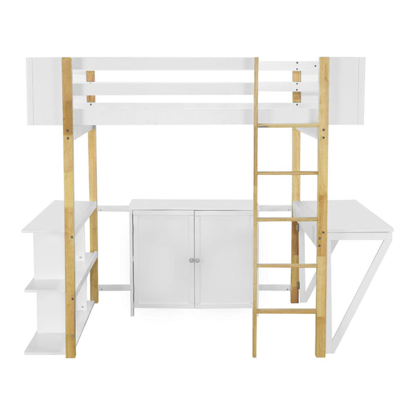 HomeRoots White Four Poster Loft Bed with Integrated Desk & Shelves - Stylish Space-Saver for Small Rooms 596589