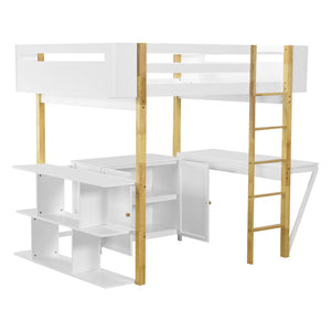 HomeRoots White Four Poster Loft Bed with Integrated Desk & Shelves - Stylish Space-Saver for Small Rooms 596589