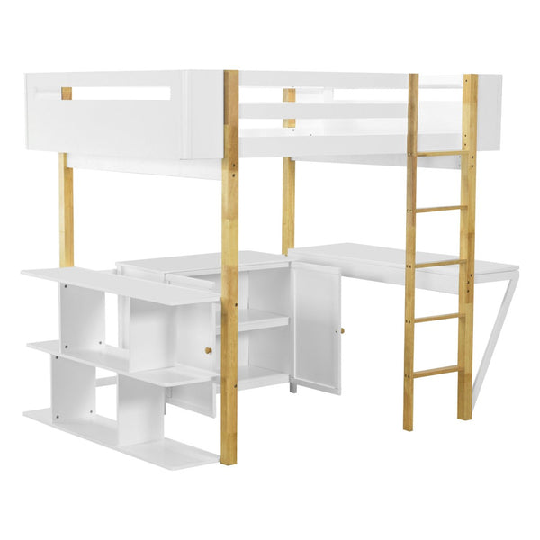HomeRoots White Four Poster Loft Bed with Integrated Desk & Shelves - Stylish Space-Saver for Small Rooms 596589