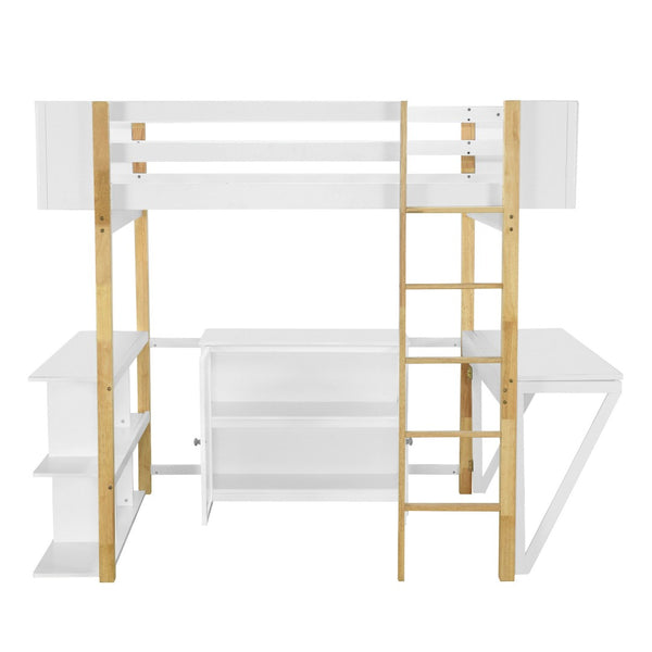 HomeRoots White Four Poster Loft Bed with Integrated Desk & Shelves - Stylish Space-Saver for Small Rooms 596589