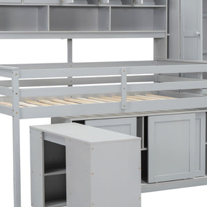 HomeRoots Gray Four Poster Twin Loft Bed with Stairs, Desk & Shelves - Stylish Space-Saving Solution for Kids! 596590