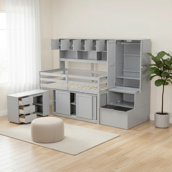 HomeRoots Gray Four Poster Twin Loft Bed with Stairs, Desk & Shelves - Stylish Space-Saving Solution for Kids! 596590
