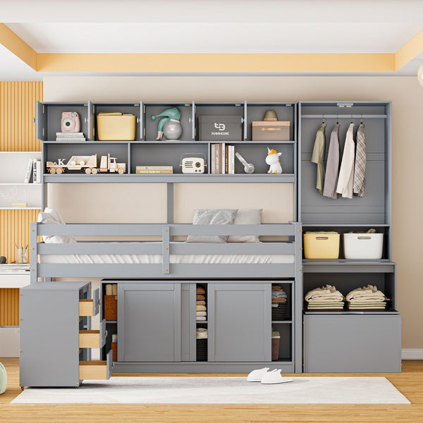 HomeRoots Gray Four Poster Twin Loft Bed with Stairs, Desk & Shelves - Stylish Space-Saving Solution for Kids! 596590