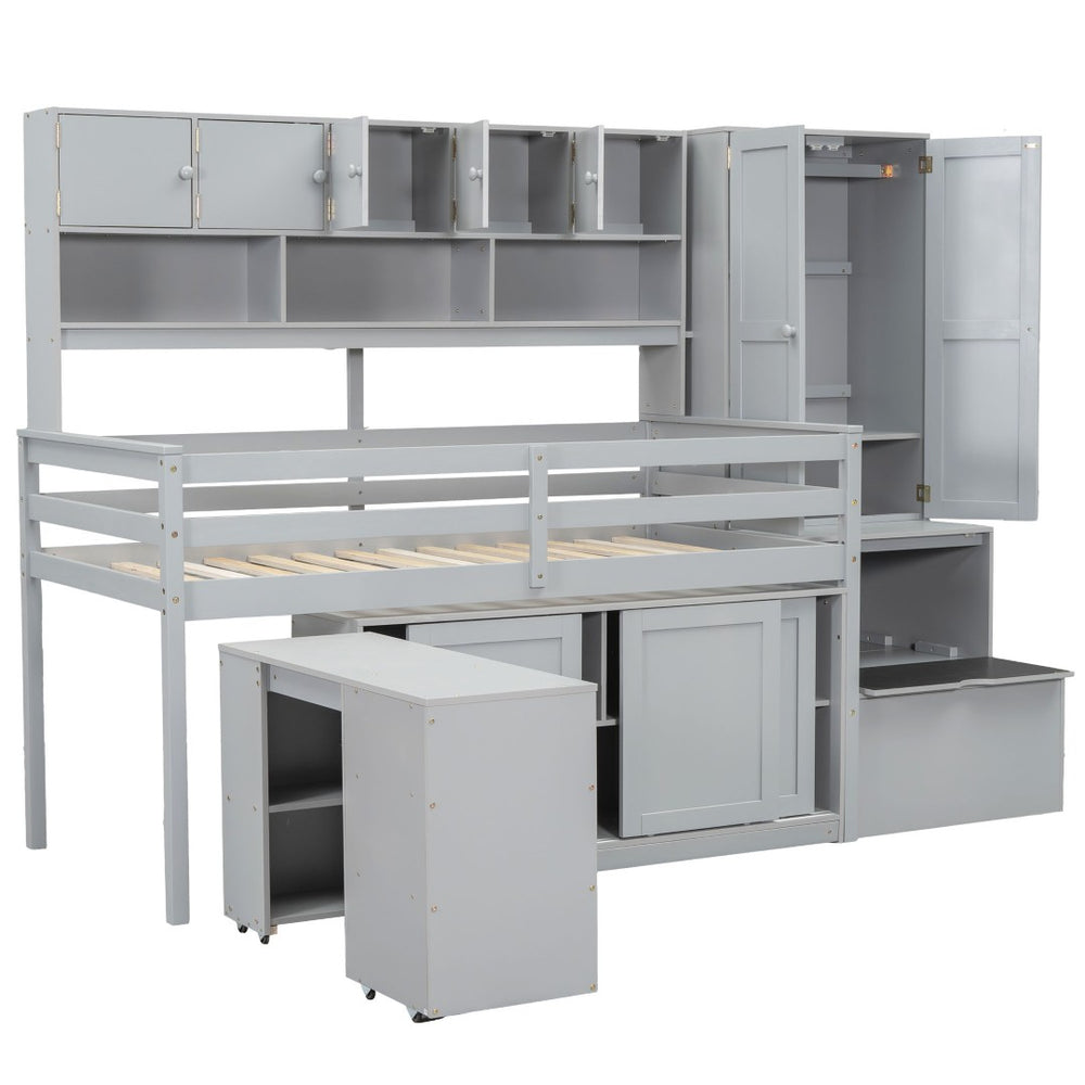 HomeRoots Gray Four Poster Twin Loft Bed with Stairs, Desk & Shelves - Stylish Space-Saving Solution for Kids! 596590