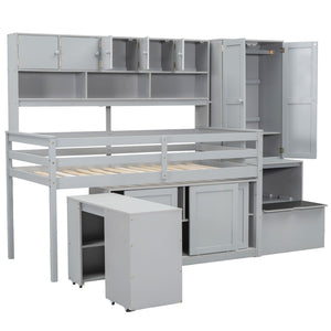 HomeRoots Gray Four Poster Twin Loft Bed with Stairs, Desk & Shelves - Stylish Space-Saving Solution for Kids! 596590