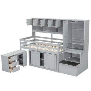 HomeRoots Gray Four Poster Twin Loft Bed with Stairs, Desk & Shelves - Stylish Space-Saving Solution for Kids! 596590