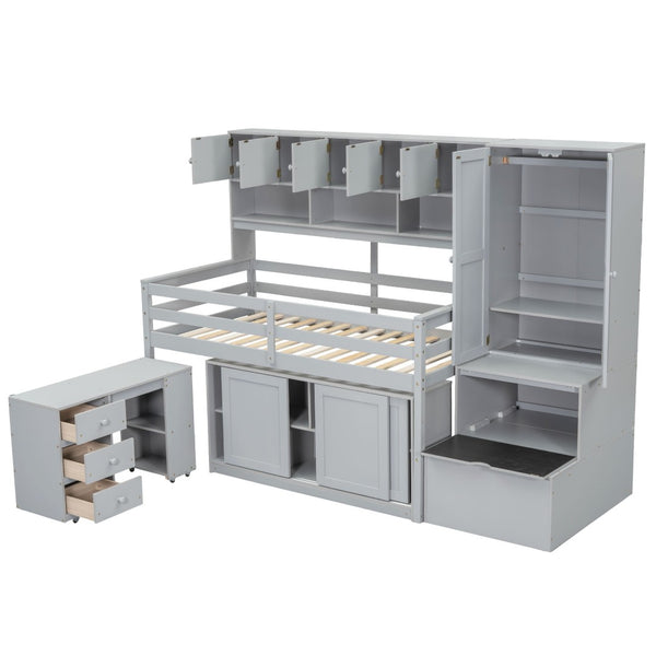 HomeRoots Gray Four Poster Twin Loft Bed with Stairs, Desk & Shelves - Stylish Space-Saving Solution for Kids! 596590