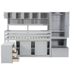 HomeRoots Gray Four Poster Twin Loft Bed with Stairs, Desk & Shelves - Stylish Space-Saving Solution for Kids! 596590