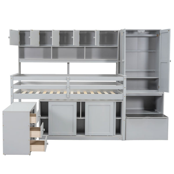 HomeRoots Gray Four Poster Twin Loft Bed with Stairs, Desk & Shelves - Stylish Space-Saving Solution for Kids! 596590