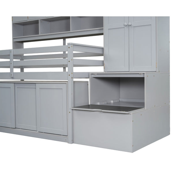 HomeRoots Gray Four Poster Twin Loft Bed with Stairs, Desk & Shelves - Stylish Space-Saving Solution for Kids! 596590