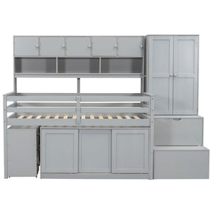 HomeRoots Gray Four Poster Twin Loft Bed with Stairs, Desk & Shelves - Stylish Space-Saving Solution for Kids! 596590