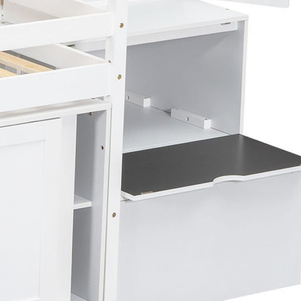 HomeRoots White Four Poster Twin Loft Bed with Desk, Shelves, and Stairs - Stylish Space-Saving Solution 596591