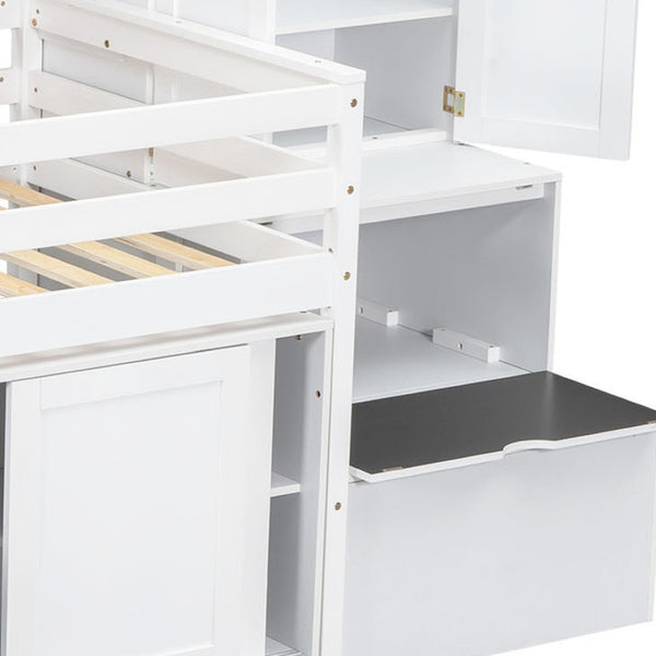 HomeRoots White Four Poster Twin Loft Bed with Desk, Shelves, and Stairs - Stylish Space-Saving Solution 596591