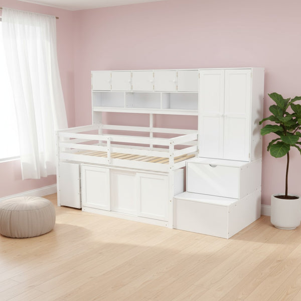 HomeRoots White Four Poster Twin Loft Bed with Desk, Shelves, and Stairs - Stylish Space-Saving Solution 596591