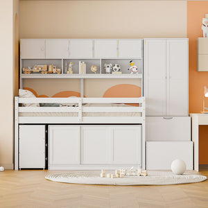 HomeRoots White Four Poster Twin Loft Bed with Desk, Shelves, and Stairs - Stylish Space-Saving Solution 596591