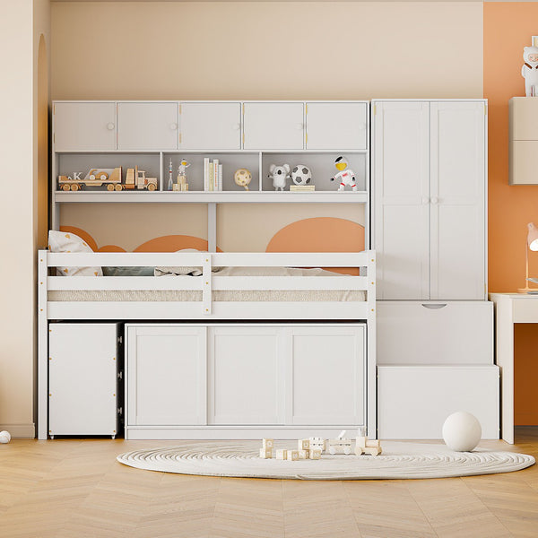 HomeRoots White Four Poster Twin Loft Bed with Desk, Shelves, and Stairs - Stylish Space-Saving Solution 596591