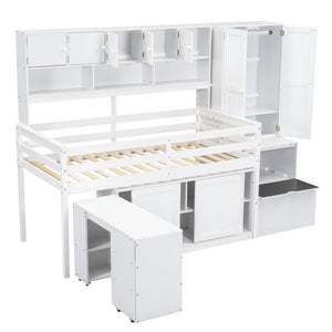 HomeRoots White Four Poster Twin Loft Bed with Desk, Shelves, and Stairs - Stylish Space-Saving Solution 596591