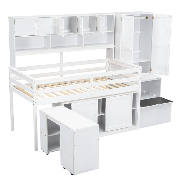 HomeRoots White Four Poster Twin Loft Bed with Desk, Shelves, and Stairs - Stylish Space-Saving Solution 596591