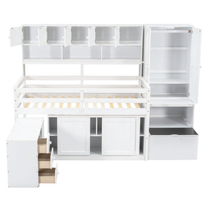 HomeRoots White Four Poster Twin Loft Bed with Desk, Shelves, and Stairs - Stylish Space-Saving Solution 596591