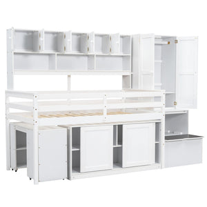 HomeRoots White Four Poster Twin Loft Bed with Desk, Shelves, and Stairs - Stylish Space-Saving Solution 596591