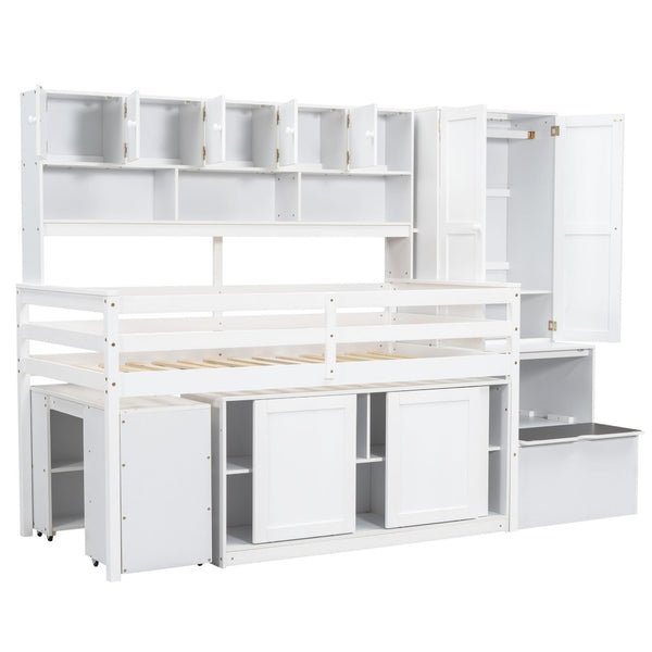 HomeRoots White Four Poster Twin Loft Bed with Desk, Shelves, and Stairs - Stylish Space-Saving Solution 596591