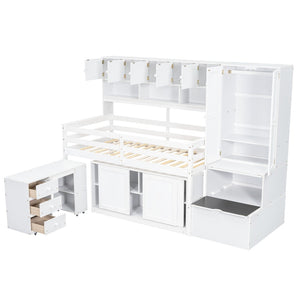 HomeRoots White Four Poster Twin Loft Bed with Desk, Shelves, and Stairs - Stylish Space-Saving Solution 596591