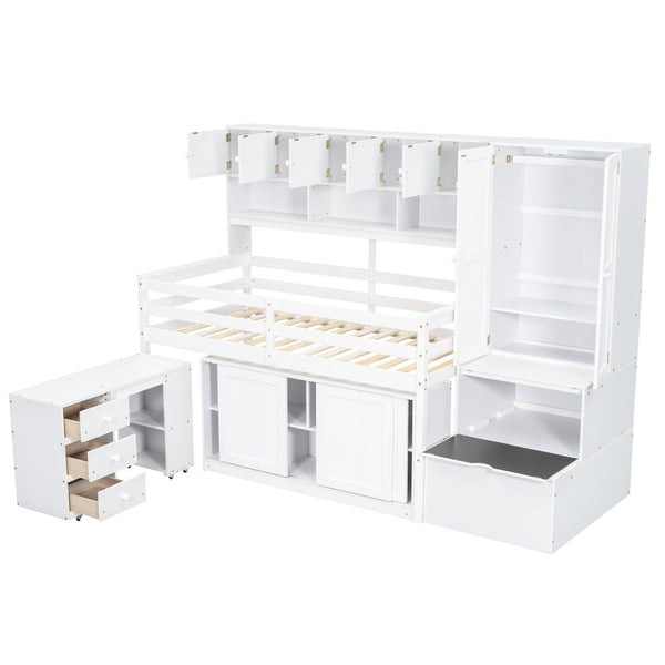 HomeRoots White Four Poster Twin Loft Bed with Desk, Shelves, and Stairs - Stylish Space-Saving Solution 596591