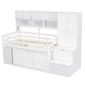 HomeRoots White Four Poster Twin Loft Bed with Desk, Shelves, and Stairs - Stylish Space-Saving Solution 596591