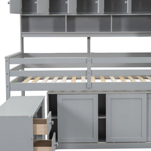 HomeRoots Gray Four-Poster Full Loft Bed with Stairs, Desk, and Shelves - Space-Saving Design for Kids' Rooms 596592