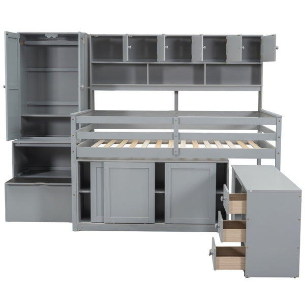 HomeRoots Gray Four-Poster Full Loft Bed with Stairs, Desk, and Shelves - Space-Saving Design for Kids' Rooms 596592