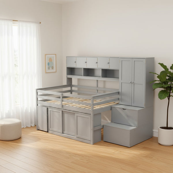 HomeRoots Gray Four-Poster Full Loft Bed with Stairs, Desk, and Shelves - Space-Saving Design for Kids' Rooms 596592