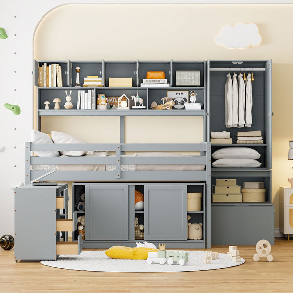 HomeRoots Gray Four-Poster Full Loft Bed with Stairs, Desk, and Shelves - Space-Saving Design for Kids' Rooms 596592