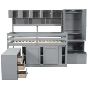 HomeRoots Gray Four-Poster Full Loft Bed with Stairs, Desk, and Shelves - Space-Saving Design for Kids' Rooms 596592