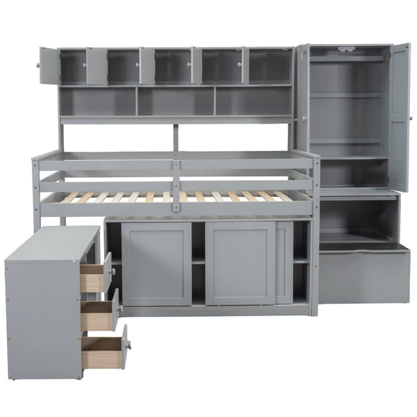 HomeRoots Gray Four-Poster Full Loft Bed with Stairs, Desk, and Shelves - Space-Saving Design for Kids' Rooms 596592