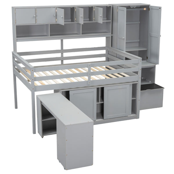 HomeRoots Gray Four-Poster Full Loft Bed with Stairs, Desk, and Shelves - Space-Saving Design for Kids' Rooms 596592
