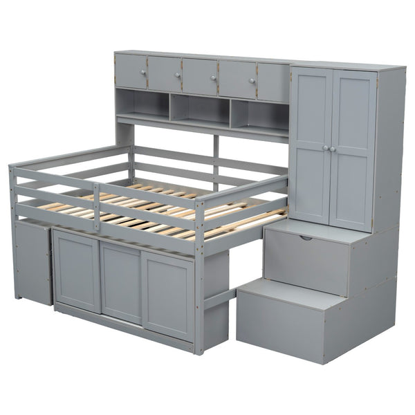 HomeRoots Gray Four-Poster Full Loft Bed with Stairs, Desk, and Shelves - Space-Saving Design for Kids' Rooms 596592