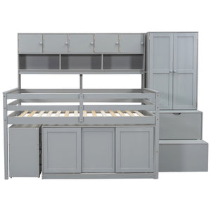 HomeRoots Gray Four-Poster Full Loft Bed with Stairs, Desk, and Shelves - Space-Saving Design for Kids' Rooms 596592