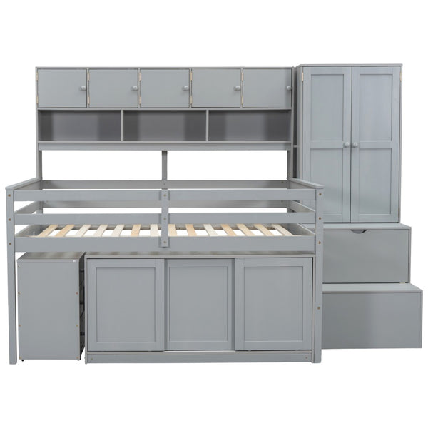 HomeRoots Gray Four-Poster Full Loft Bed with Stairs, Desk, and Shelves - Space-Saving Design for Kids' Rooms 596592