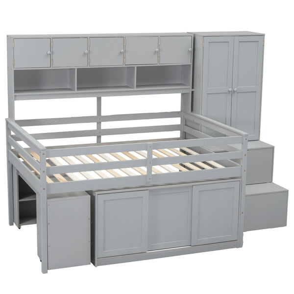 HomeRoots Gray Four-Poster Full Loft Bed with Stairs, Desk, and Shelves - Space-Saving Design for Kids' Rooms 596592