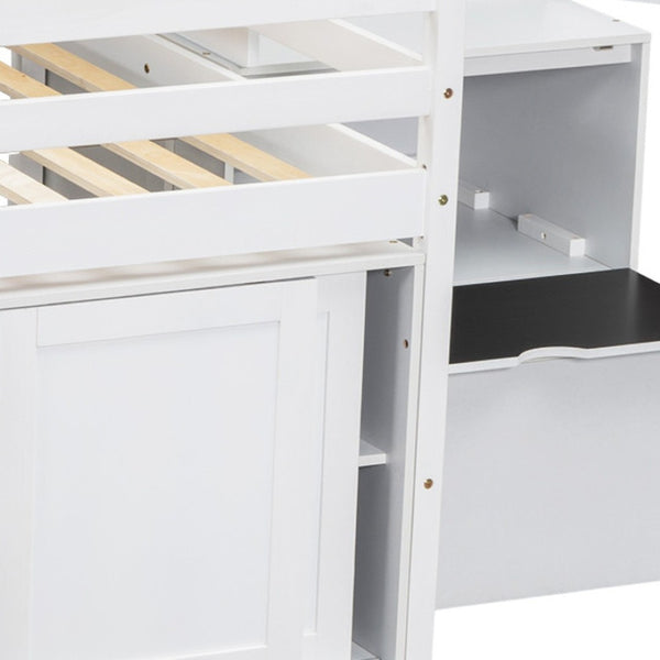HomeRoots White Four Poster Loft Bed with Desk, Stairs & Shelves - Stylish Space-Saving Solution for Kids 596593