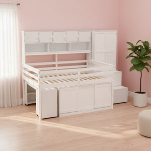 HomeRoots White Four Poster Loft Bed with Desk, Stairs & Shelves - Stylish Space-Saving Solution for Kids 596593