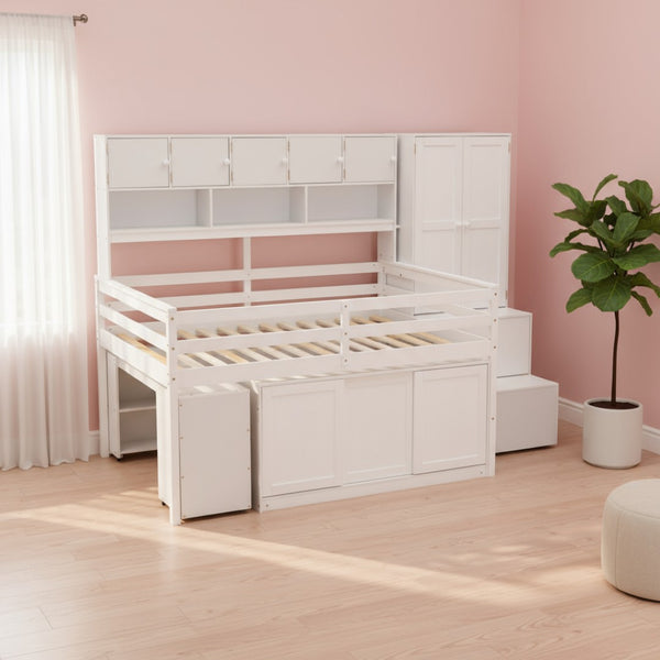 HomeRoots White Four Poster Loft Bed with Desk, Stairs & Shelves - Stylish Space-Saving Solution for Kids 596593