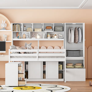 HomeRoots White Four Poster Loft Bed with Desk, Stairs & Shelves - Stylish Space-Saving Solution for Kids 596593