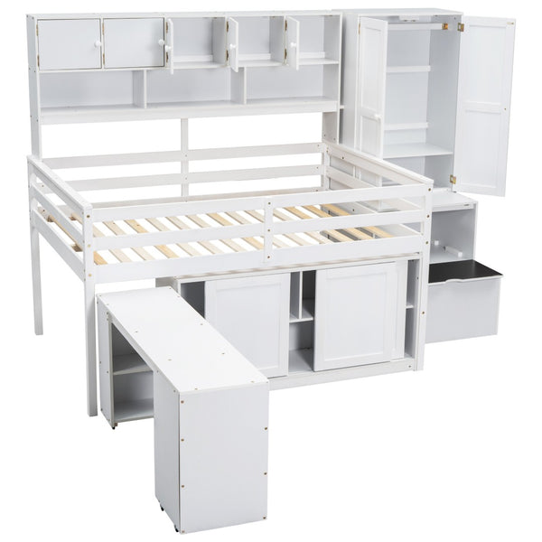 HomeRoots White Four Poster Loft Bed with Desk, Stairs & Shelves - Stylish Space-Saving Solution for Kids 596593