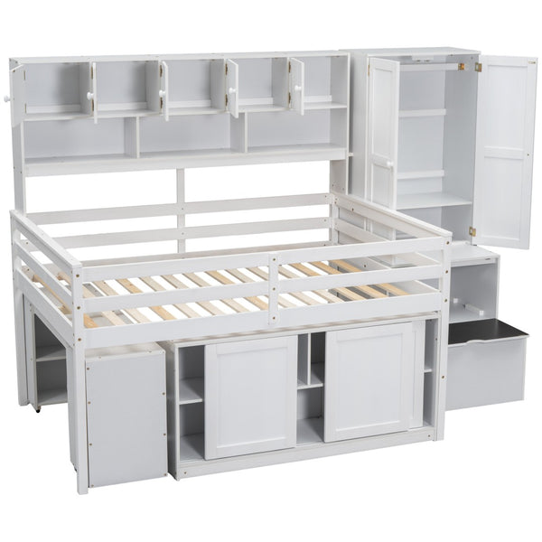 HomeRoots White Four Poster Loft Bed with Desk, Stairs & Shelves - Stylish Space-Saving Solution for Kids 596593