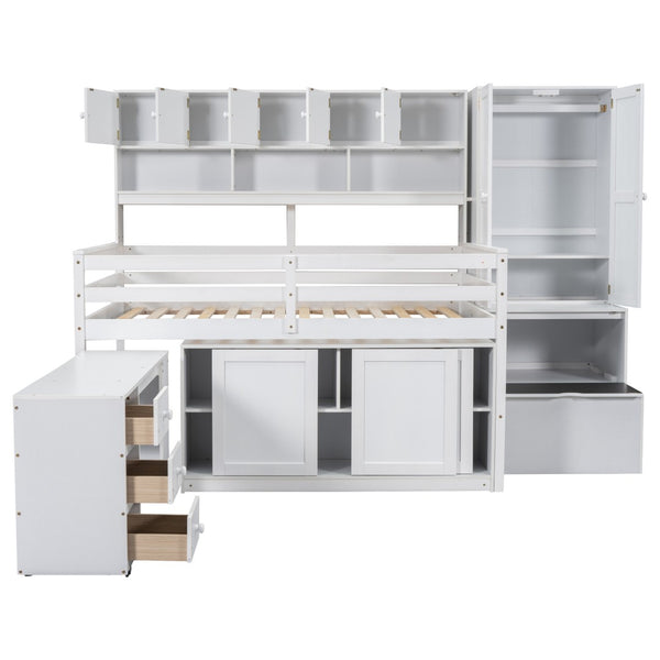 HomeRoots White Four Poster Loft Bed with Desk, Stairs & Shelves - Stylish Space-Saving Solution for Kids 596593
