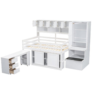 HomeRoots White Four Poster Loft Bed with Desk, Stairs & Shelves - Stylish Space-Saving Solution for Kids 596593