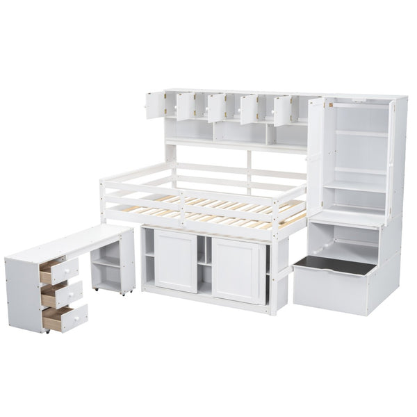 HomeRoots White Four Poster Loft Bed with Desk, Stairs & Shelves - Stylish Space-Saving Solution for Kids 596593