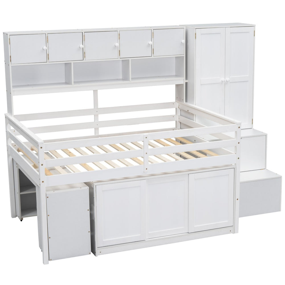 HomeRoots White Four Poster Loft Bed with Desk, Stairs & Shelves - Stylish Space-Saving Solution for Kids 596593
